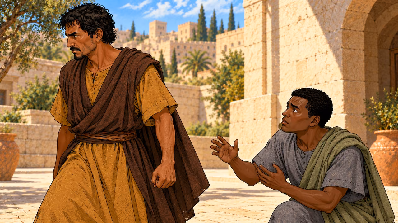 The creditor turns away, refusing the kneeling man’s plea for patience.