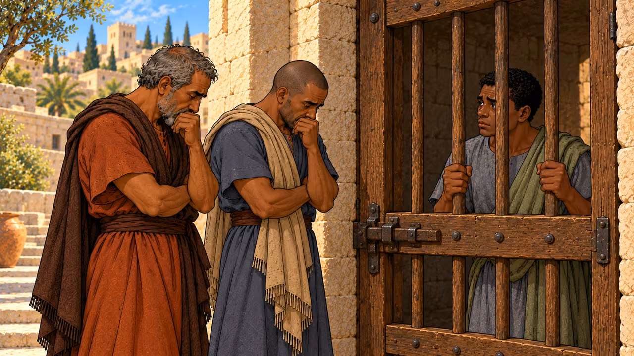Two servants grieve outside the wooden-barred cell where their fellow servant is imprisoned.