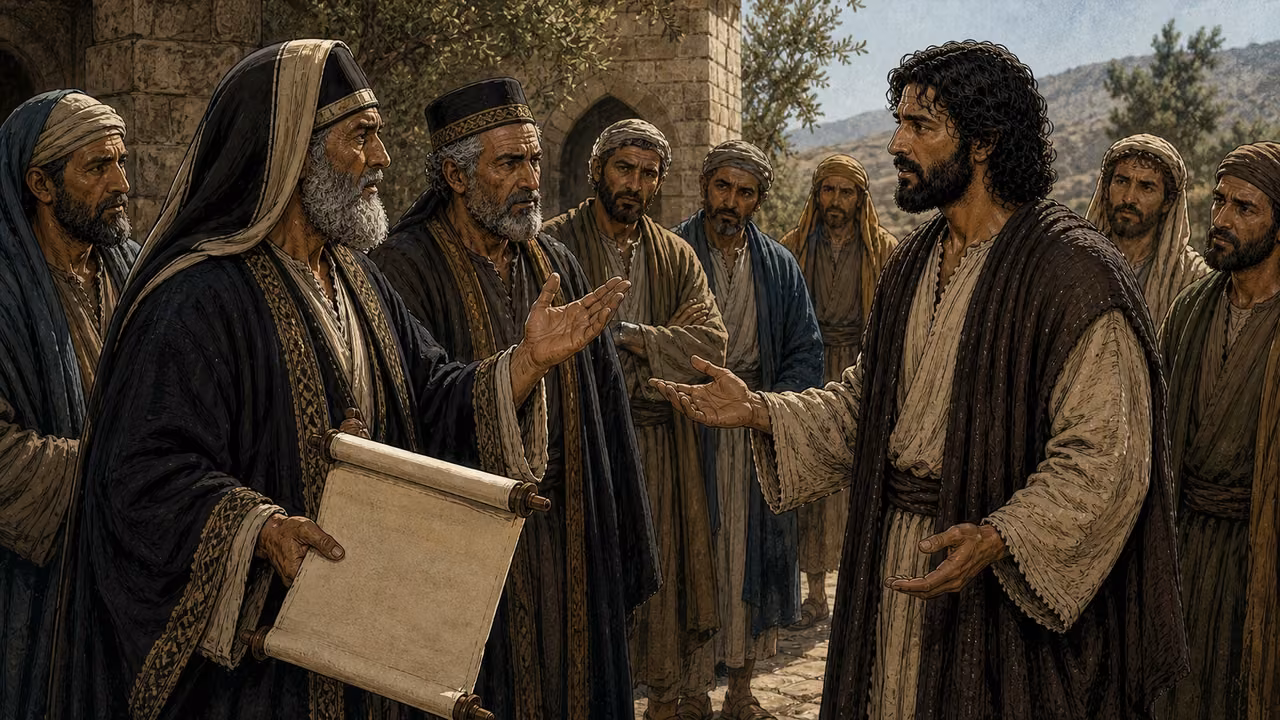 Graphic-novel illustration of the designed Jesus calmly answering religious leaders while one holds a blank rolled legal scroll.