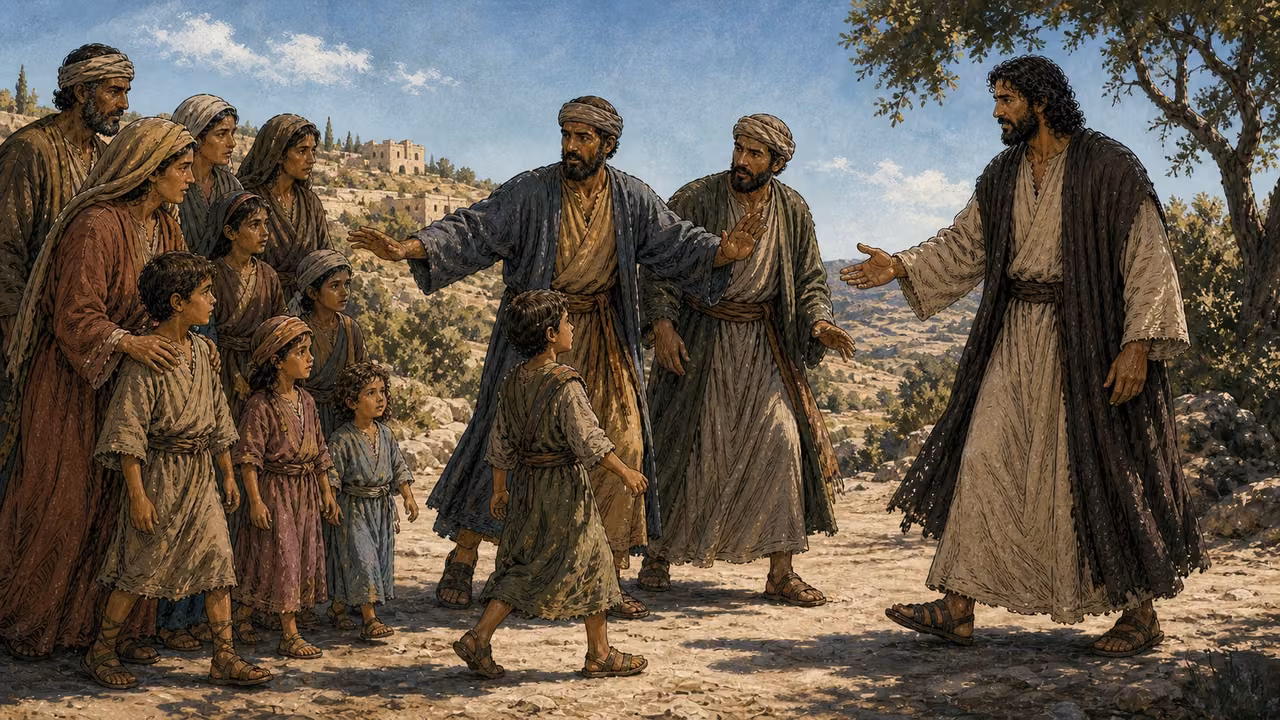 Graphic-novel illustration of the designed Jesus opening a path as parents bring children and two disciples begin to yield.