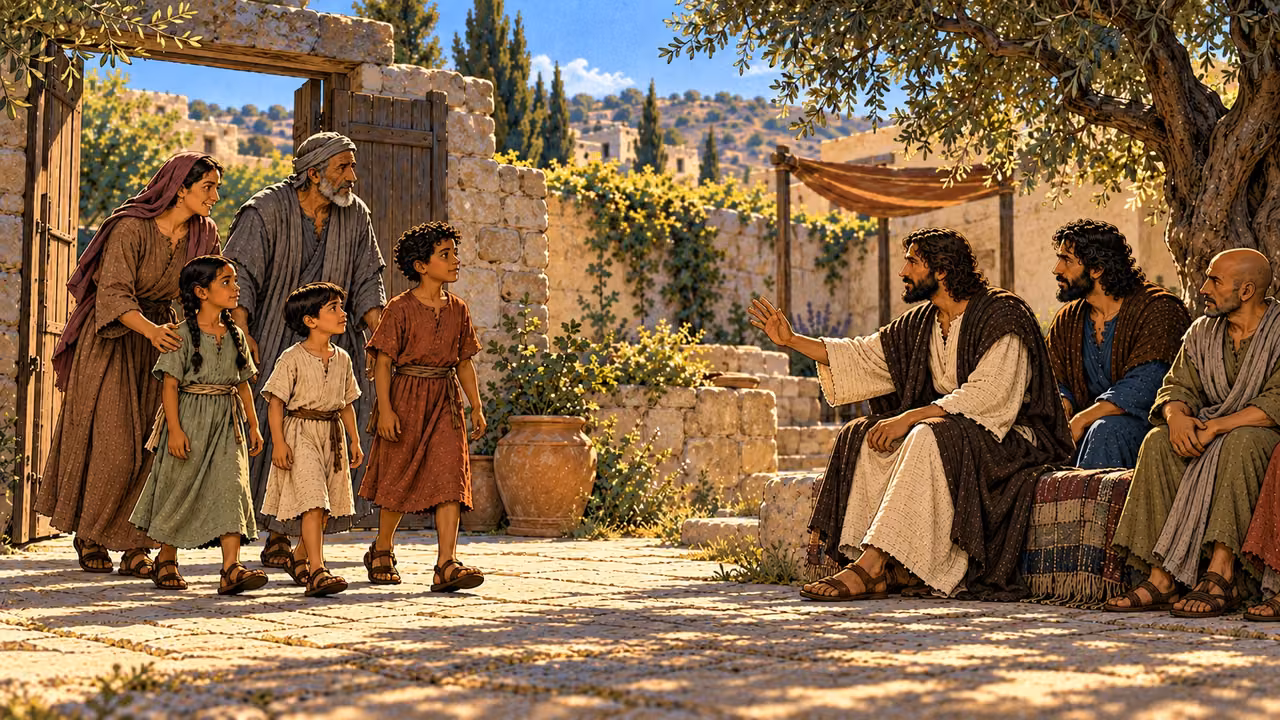 Jesus welcomes the waiting children while Peter and another disciple listen beside him.
