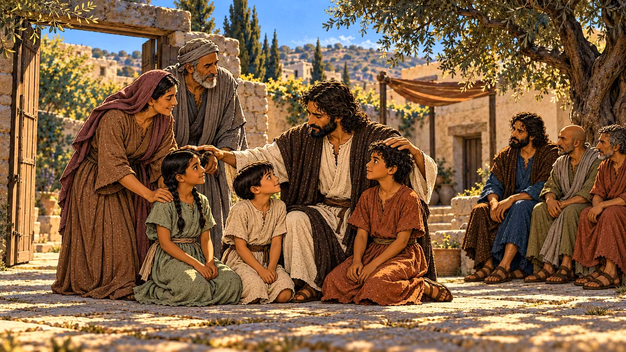 Jesus lays his hands on the children while their caregivers and the disciples watch.