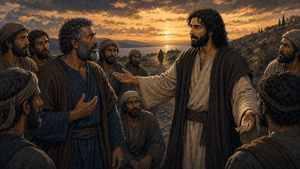 Graphic-novel illustration of the designed Peter questioning the designed Jesus at sunset as the wealthy young man recedes down the road.