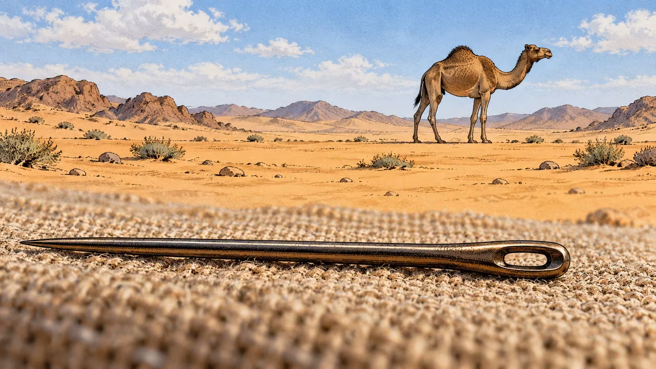 A sewing needle lies in the foreground, with a full-sized camel far beyond it, illustrating Jesus’ comparison.