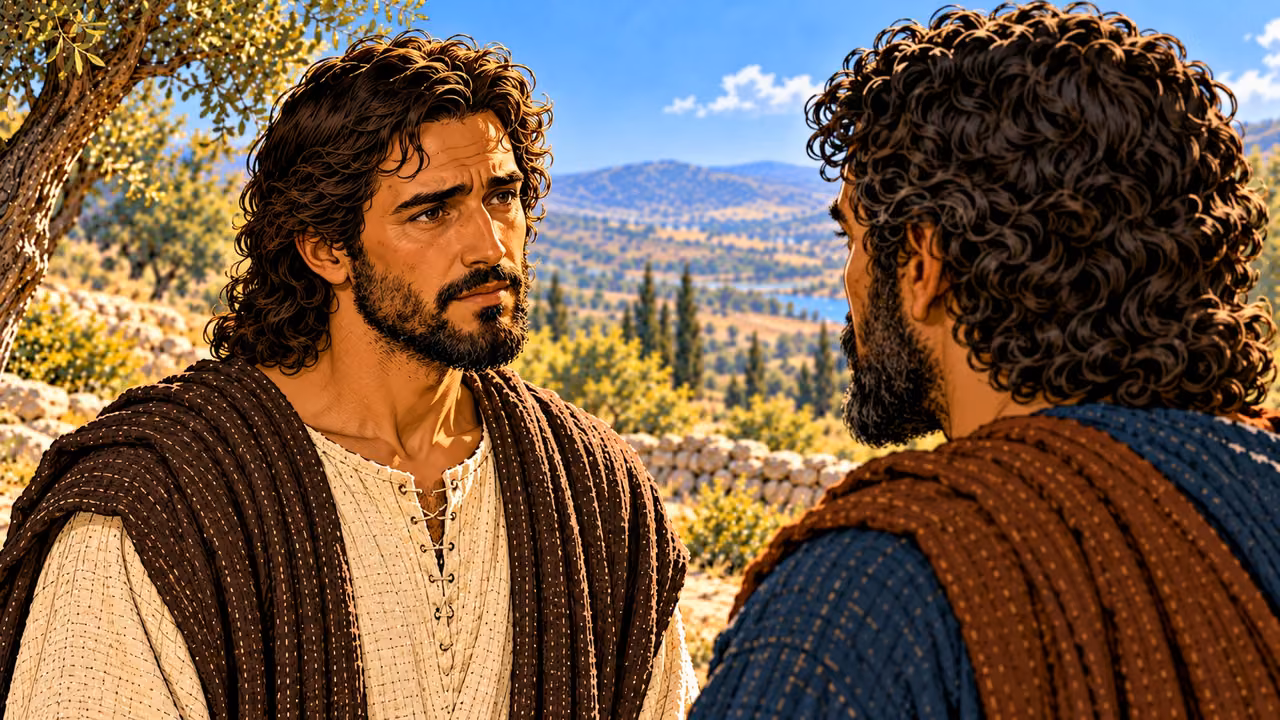 Jesus looks directly at the disciples before answering their question about salvation.