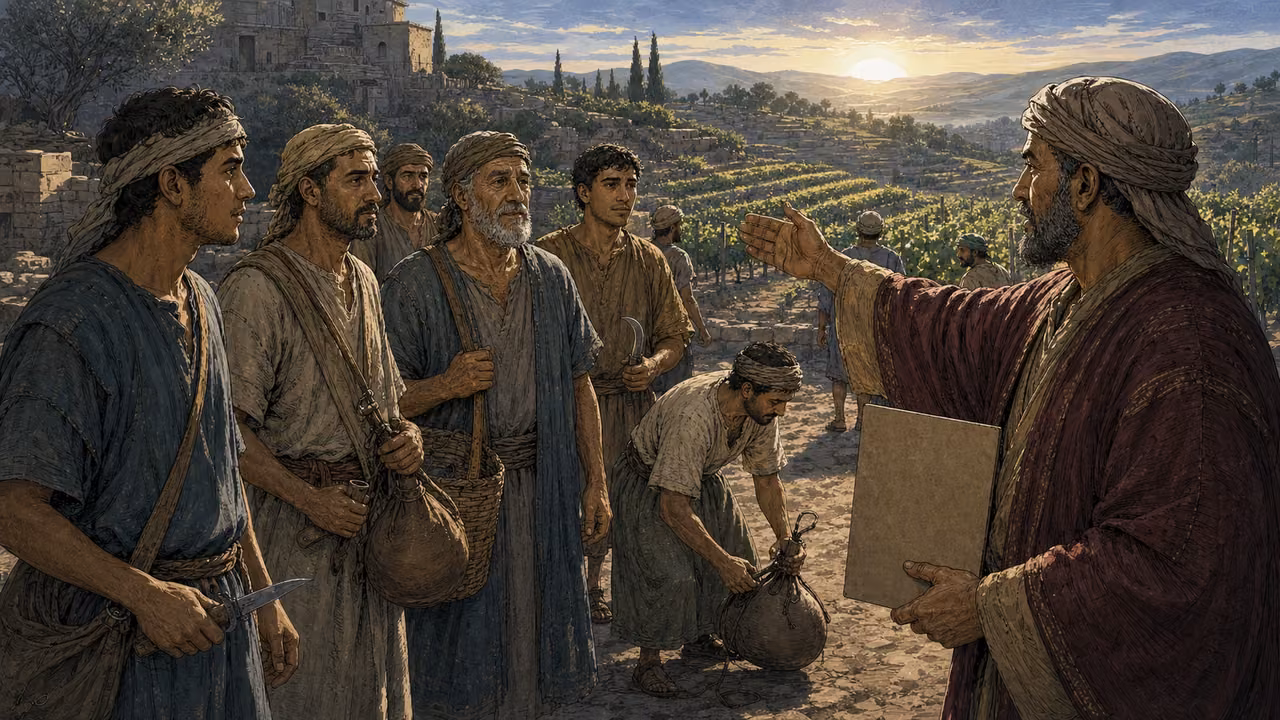Graphic-novel illustration of a burgundy-mantled vineyard owner hiring distinct day laborers at dawn beside terraced vines.