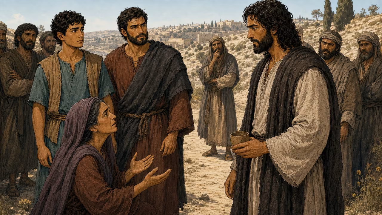 Graphic-novel illustration of the mother of the designed James and John kneeling before the designed Jesus as he holds a plain travel cup.
