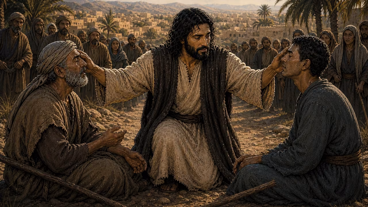 Graphic-novel illustration of the designed Jesus kneeling between two distinct blind men and gently touching each man’s brow outside Jericho.