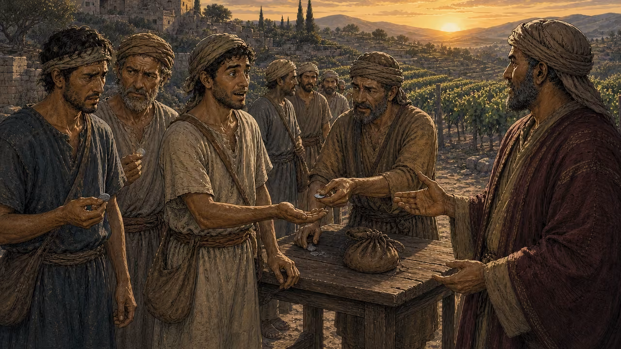 Graphic-novel illustration of a late-hired worker receiving a denarius while exhausted early workers hold the same coin and question the vineyard owner.