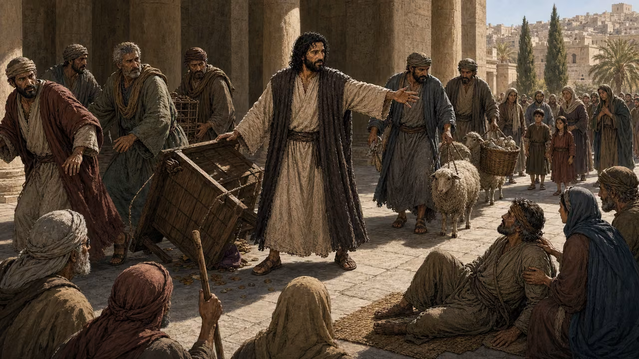 Graphic-novel illustration of the designed Jesus beside an overturned table as merchants guide animals out and waiting families enter the temple court.