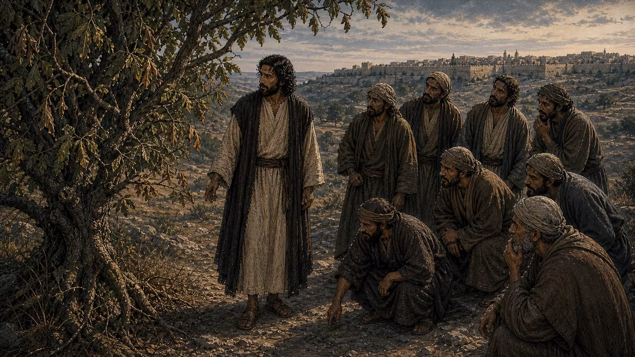 Graphic-novel illustration of the designed Jesus beside a fruitless fig tree whose leaves are withering as distinct disciples examine it.