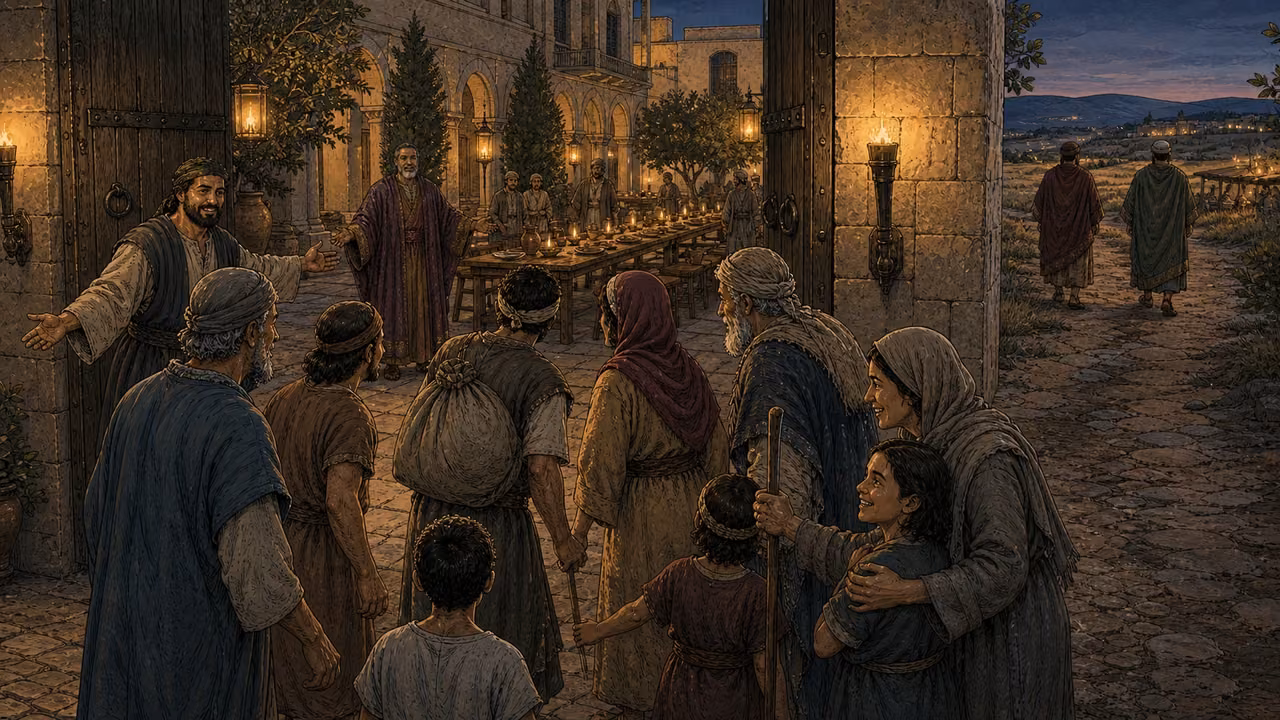 Graphic-novel illustration of palace servants welcoming diverse road travelers through open gates toward a prepared evening feast while two invitees walk away.