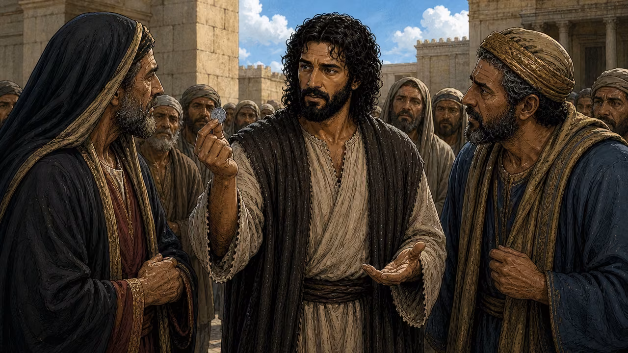 Graphic-novel illustration of the designed Jesus holding one small worn coin between distinct Pharisee and Herodian questioners in the temple court.
