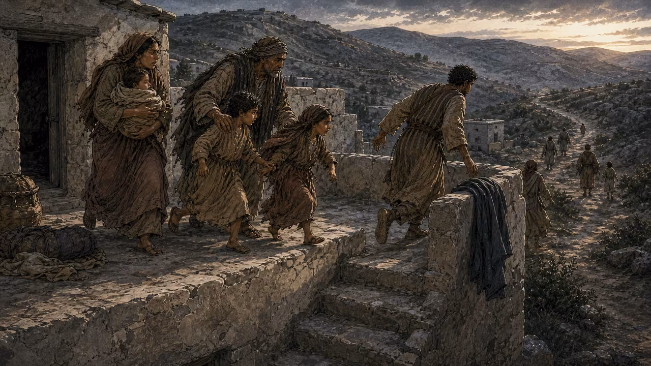 Graphic-novel illustration of a first-century family moving urgently across a rooftop toward the mountains while a field worker leaves his cloak behind.