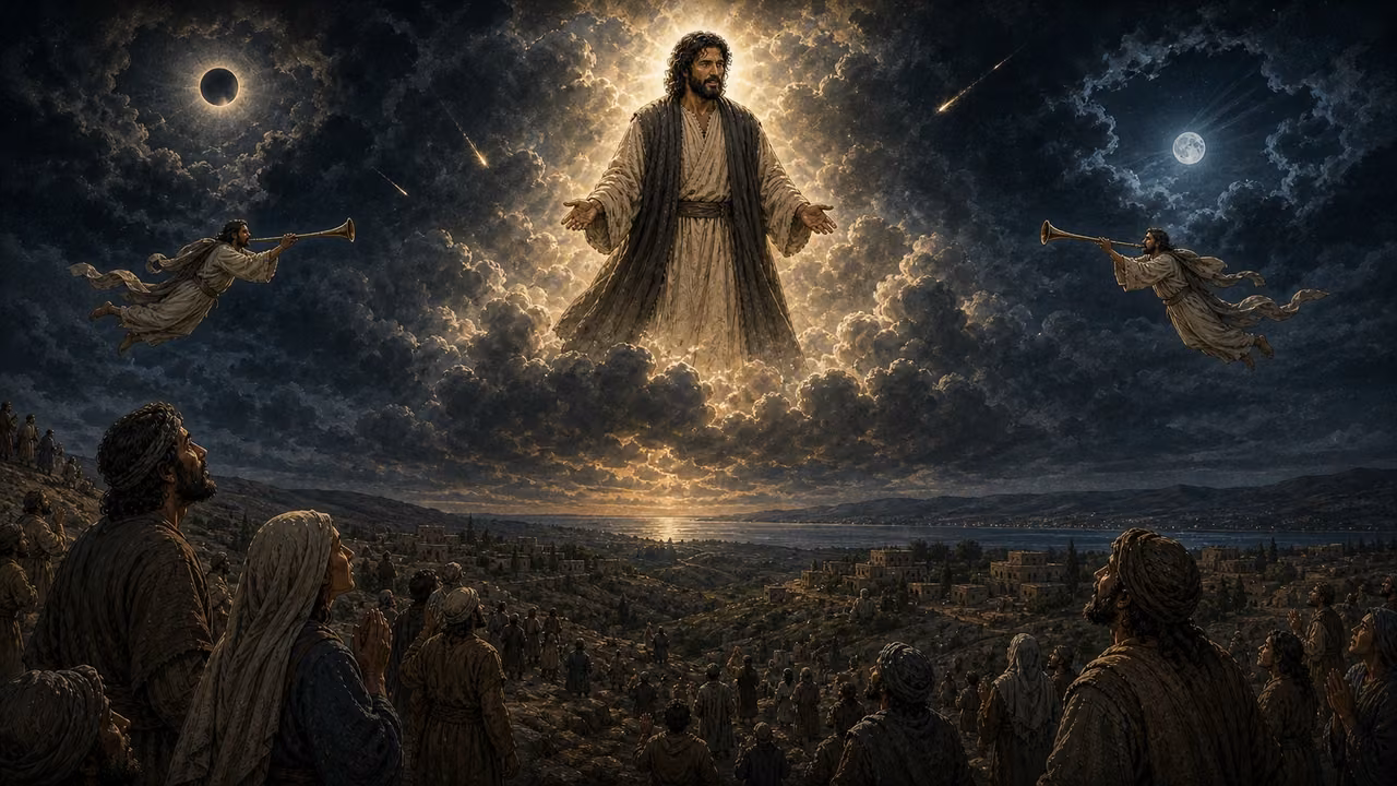 Graphic-novel apocalyptic illustration of the designed Jesus appearing on deep clouds beneath a darkened sun and moon as two distant angels sound trumpets.