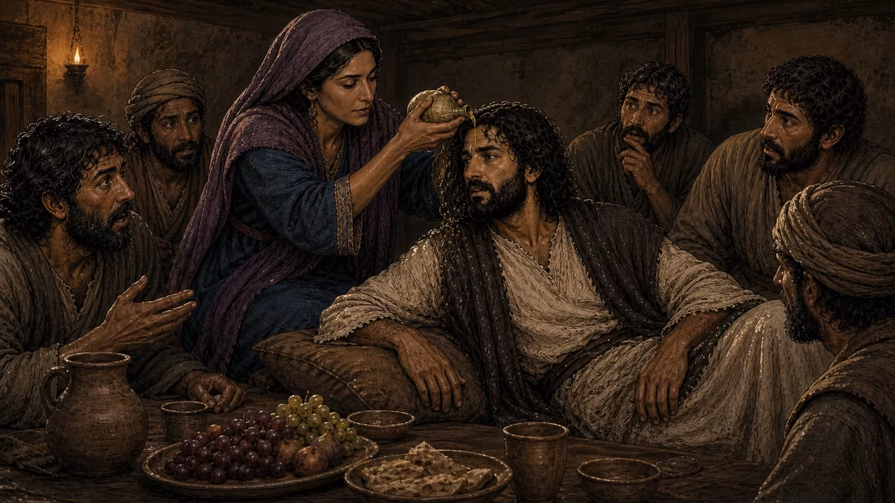 Graphic-novel illustration of a dignified veiled woman pouring aromatic oil over the designed Jesus at a Bethany meal as disciples react.