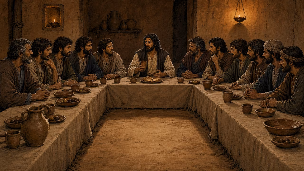Graphic-novel illustration of the designed Jesus holding a cup at the center of an exact-count Passover table with the twelve distinct apostles.