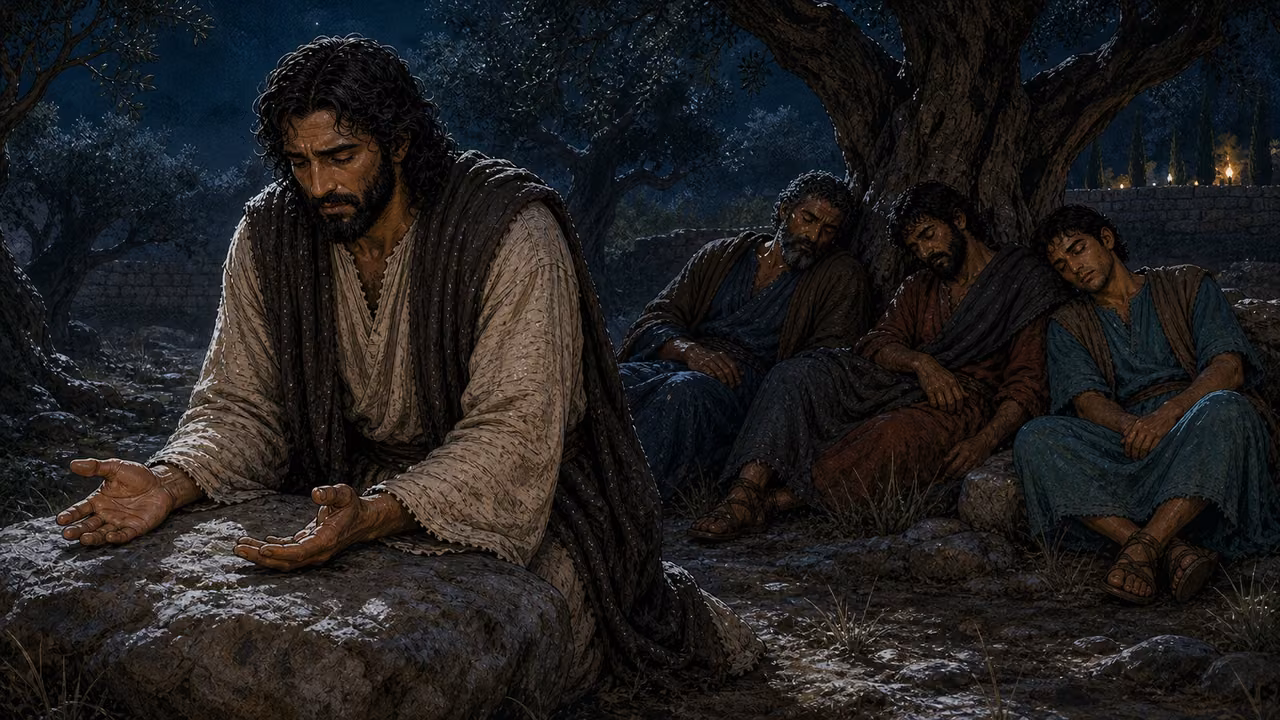 Graphic-novel illustration of the designed Jesus praying with open hands in Gethsemane while the designed Peter, James, and John sleep under olive trees.
