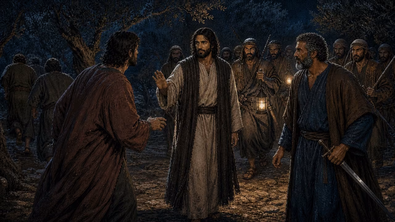 Graphic-novel illustration of the designed Jesus halting escalation as the designed Judas and Peter stand before approaching guards in Gethsemane.