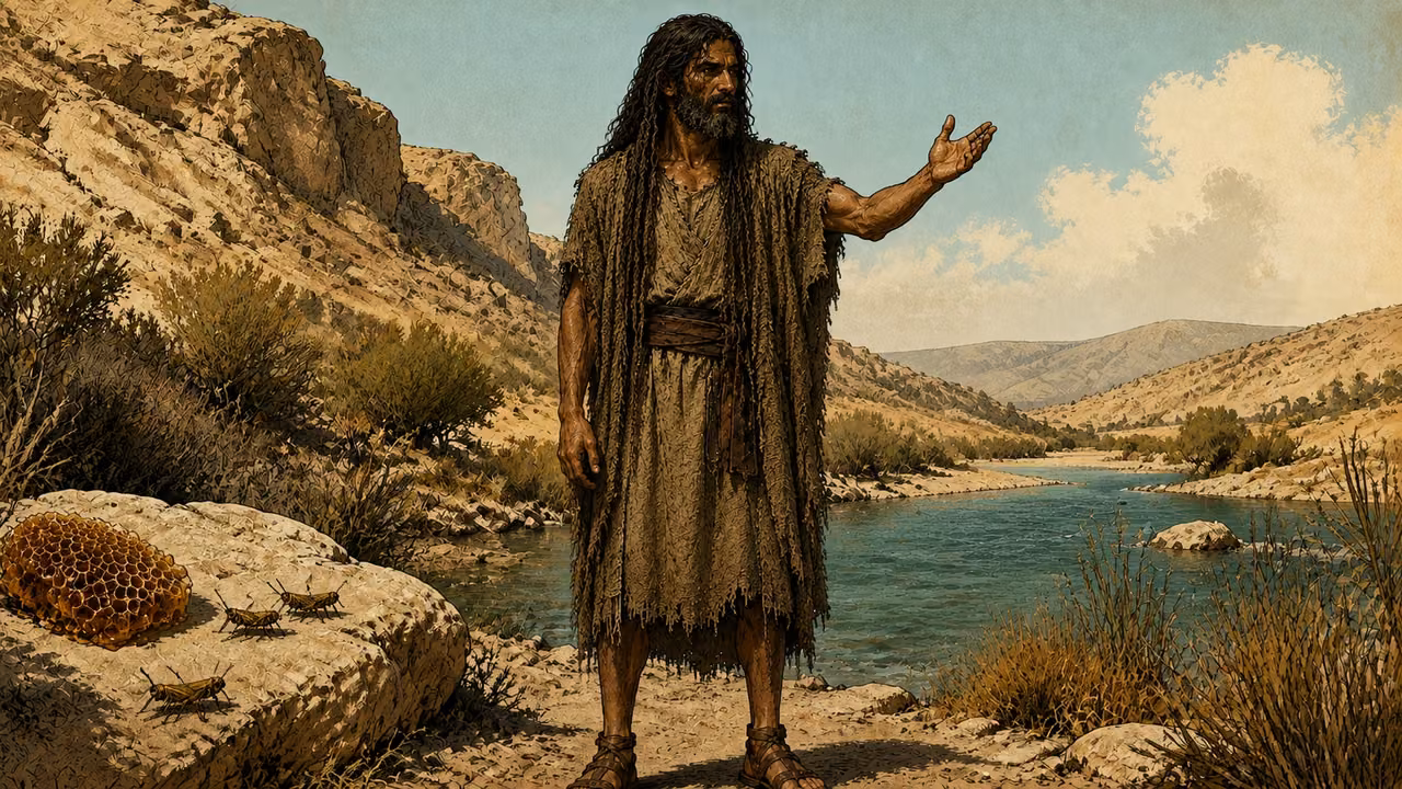 Graphic-novel illustration of John the Baptist preaching beside the Jordan in his camel-hair garment.
