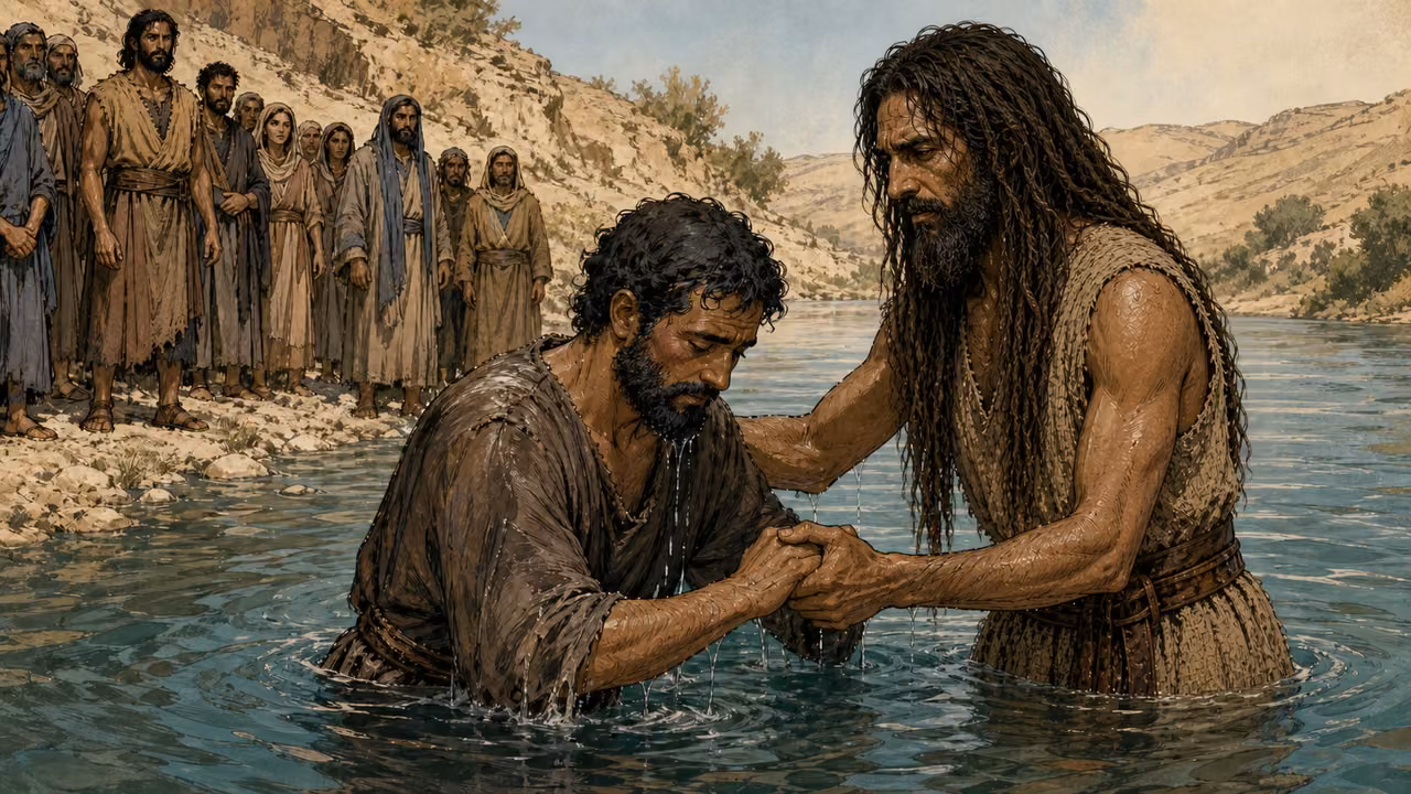 Graphic-novel illustration of John helping a baptized Judean rise from the Jordan while others wait on the bank.