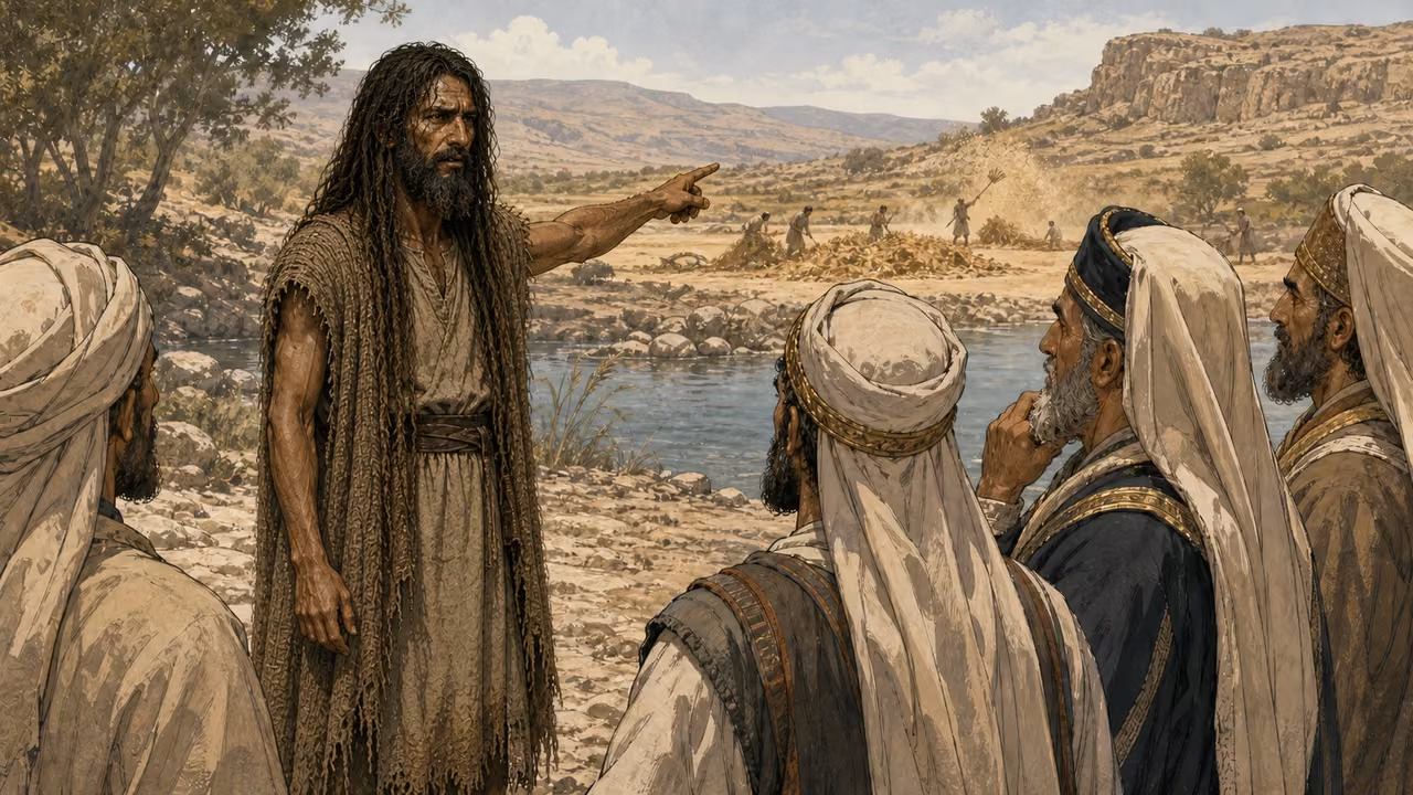 Graphic-novel illustration of John confronting religious leaders beside the Jordan with a threshing floor visible behind him.