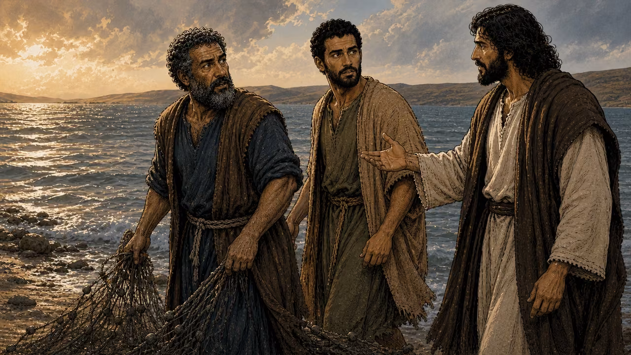 Graphic-novel illustration of the designed Jesus calling the designed Peter and Andrew beside their released fishing net.
