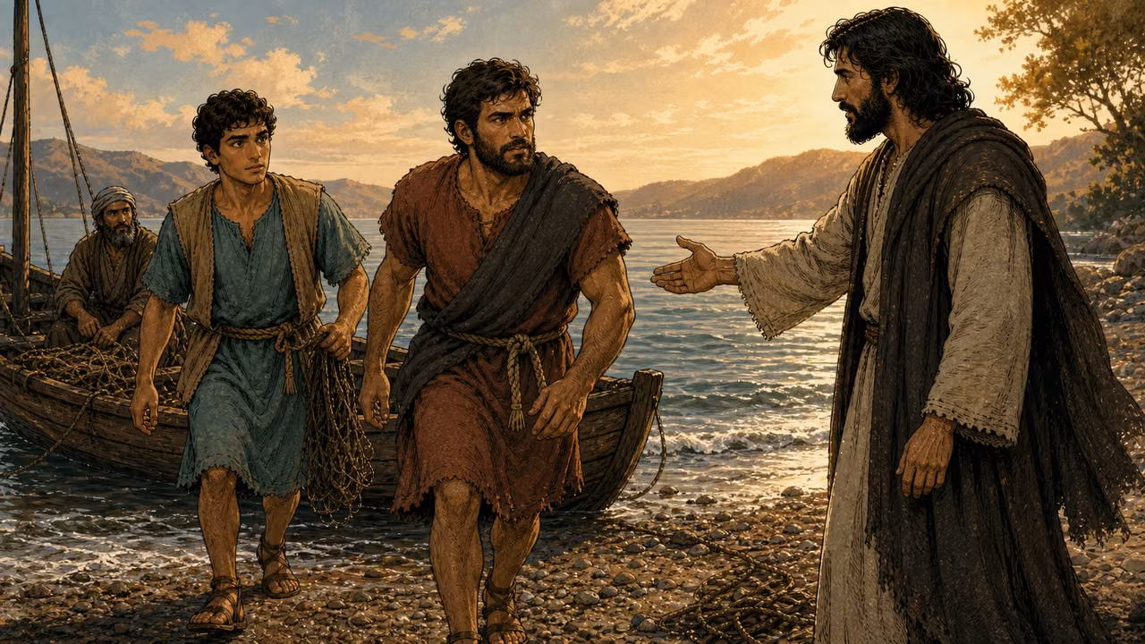 Graphic-novel illustration of the designed Jesus calling the designed brothers James and John from their fishing boat.