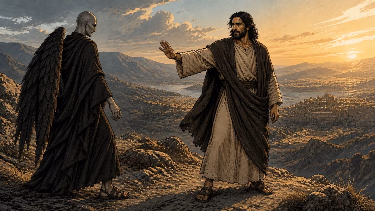 Jesus dismisses the hairless, slate-gray winged tempter on a high mountain above distant ancient kingdoms.