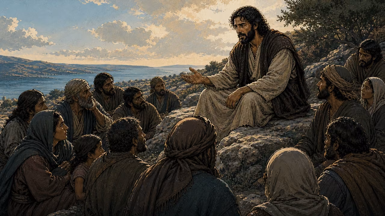 Graphic-novel illustration of the designed Jesus seated on a Galilean hillside teaching a close and diverse crowd.