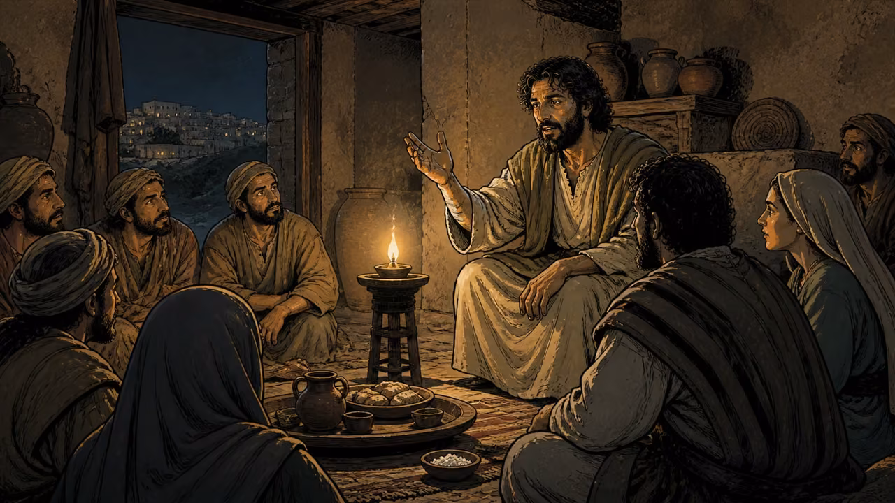Graphic-novel illustration of a first-century household lit by an oil lamp with a hilltop city visible through the doorway.