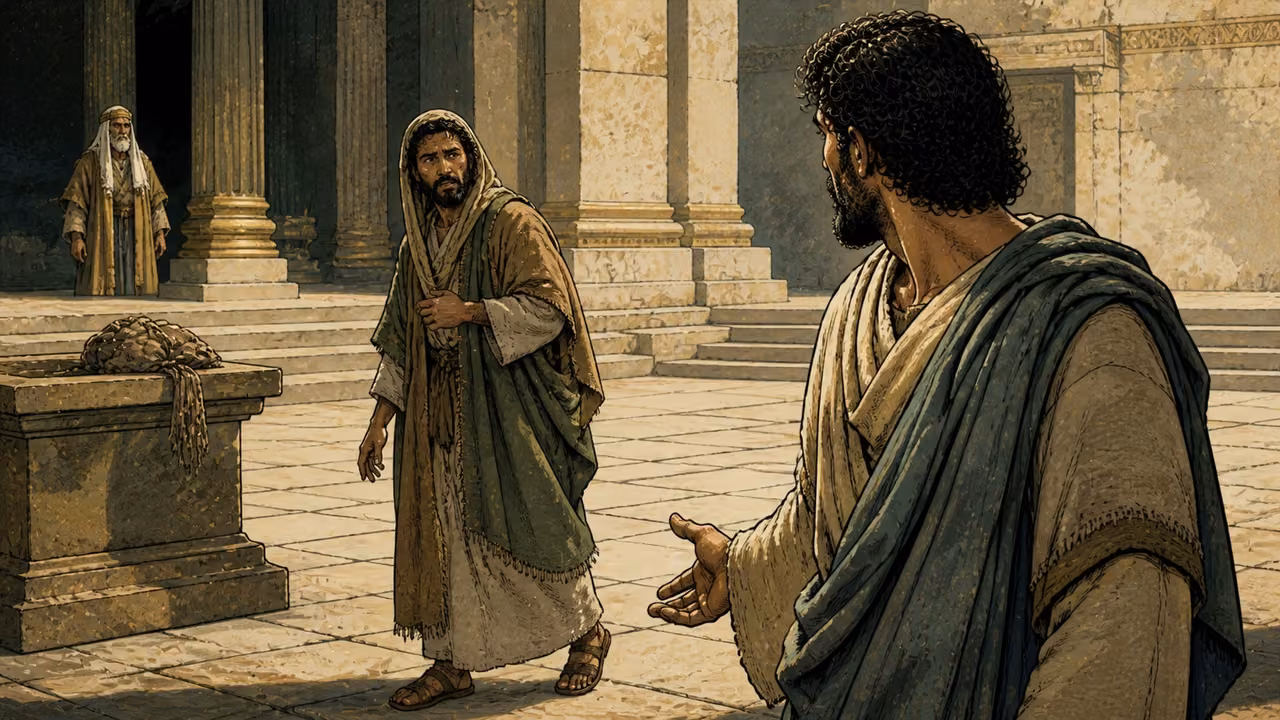 Graphic-novel illustration of a worshiper leaving his offering before the altar and turning toward his estranged brother.