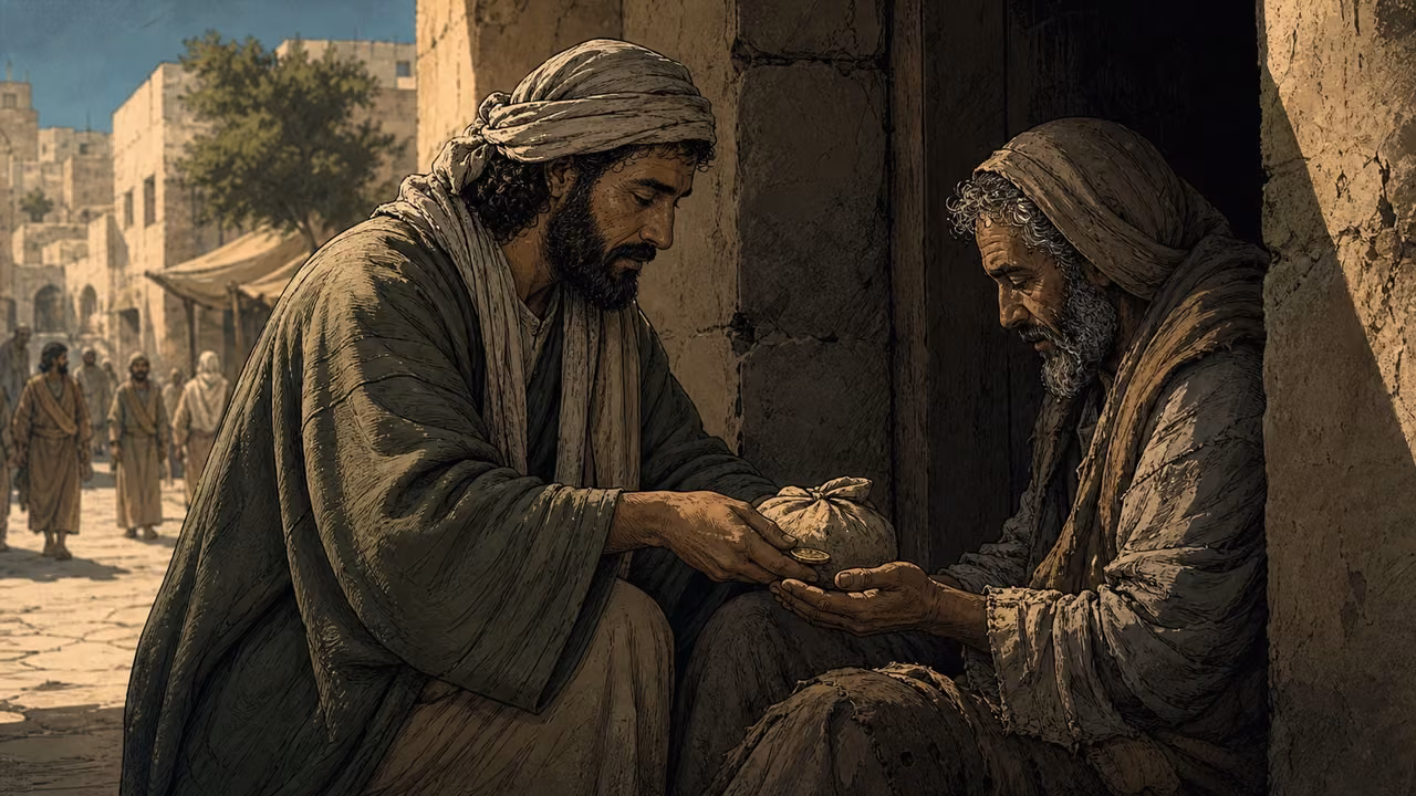 Graphic-novel illustration of a private and dignified gift of food and a coin in a shaded doorway.