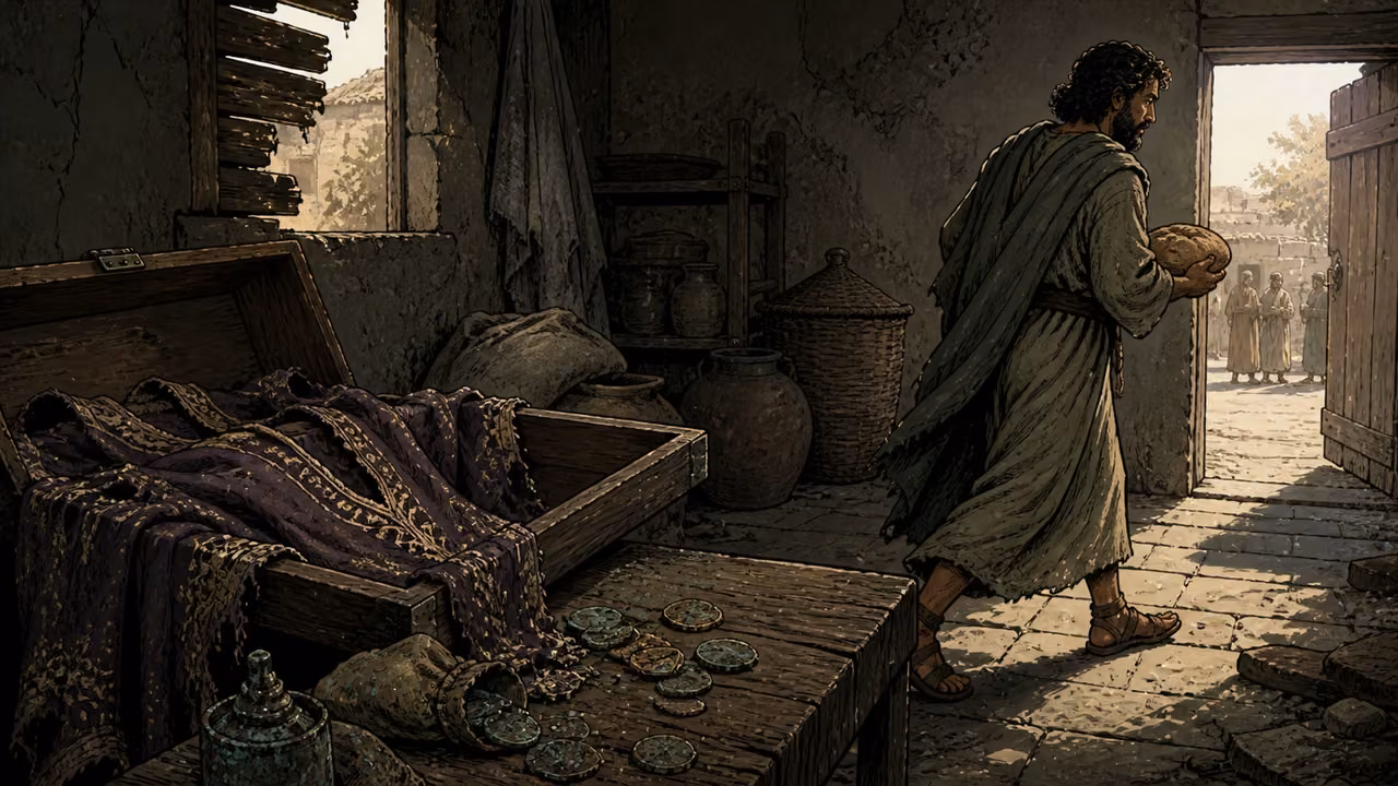 Graphic-novel illustration of a person leaving a decaying chest of garments and coins to carry bread toward daylight.
