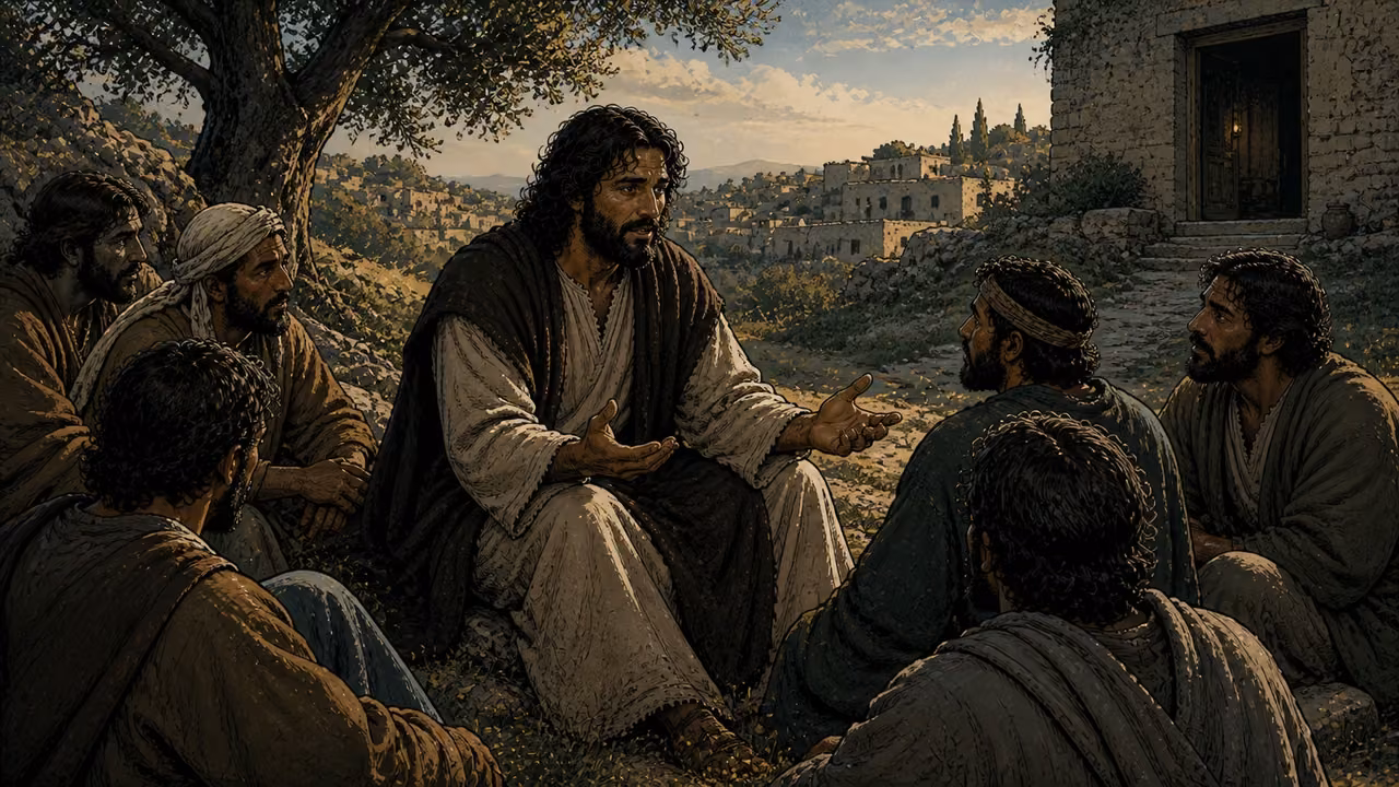 Graphic-novel illustration of the designed Jesus teaching a close circle of disciples how to pray.
