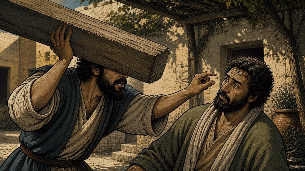 Graphic-novel visual metaphor of a man blocked by a large beam while reaching toward a speck near another man’s eye.