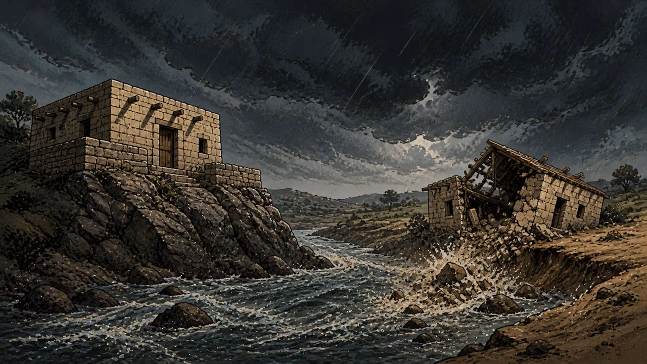 Graphic-novel storm landscape showing a rock-founded house standing while a sand-founded house collapses.