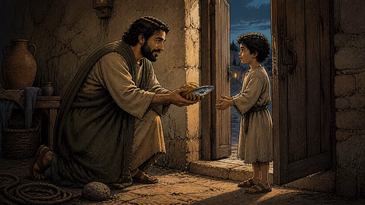 Graphic-novel illustration of a father kneeling at an opened door to give bread and fish to his child.