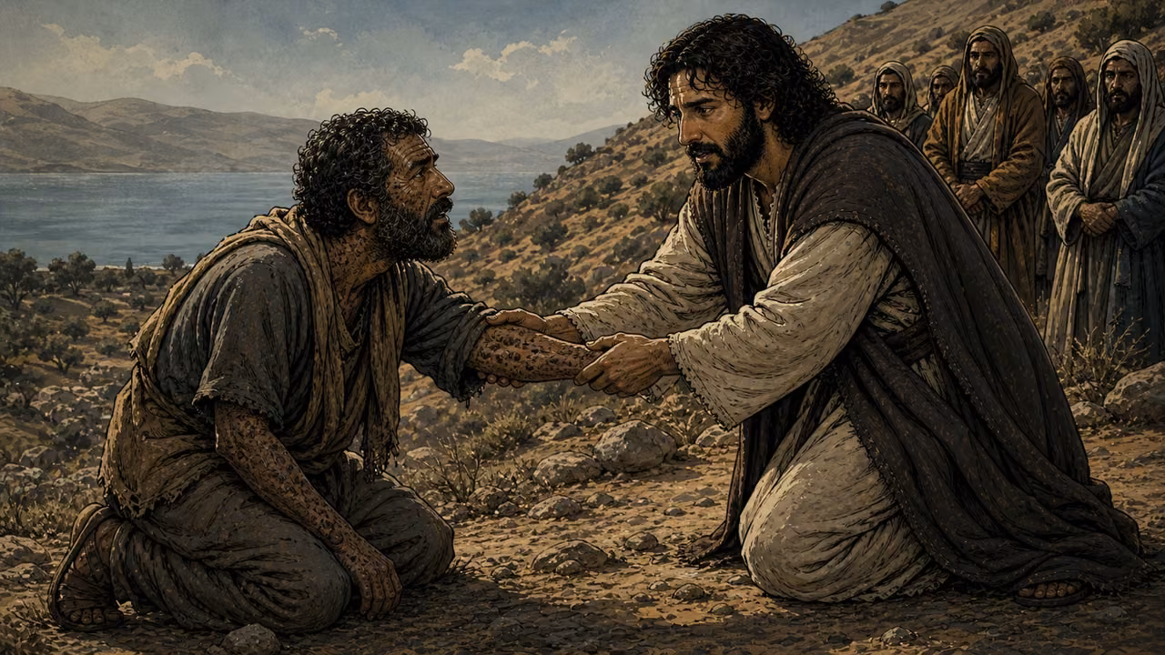 Graphic-novel illustration of the designed Jesus touching the arm of a kneeling sick man at the foot of the mountain.