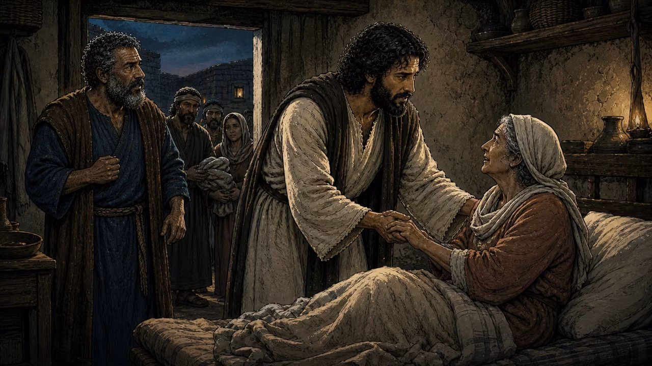 Graphic-novel illustration of the designed Jesus helping Peter’s mother-in-law rise while the designed Peter watches nearby.