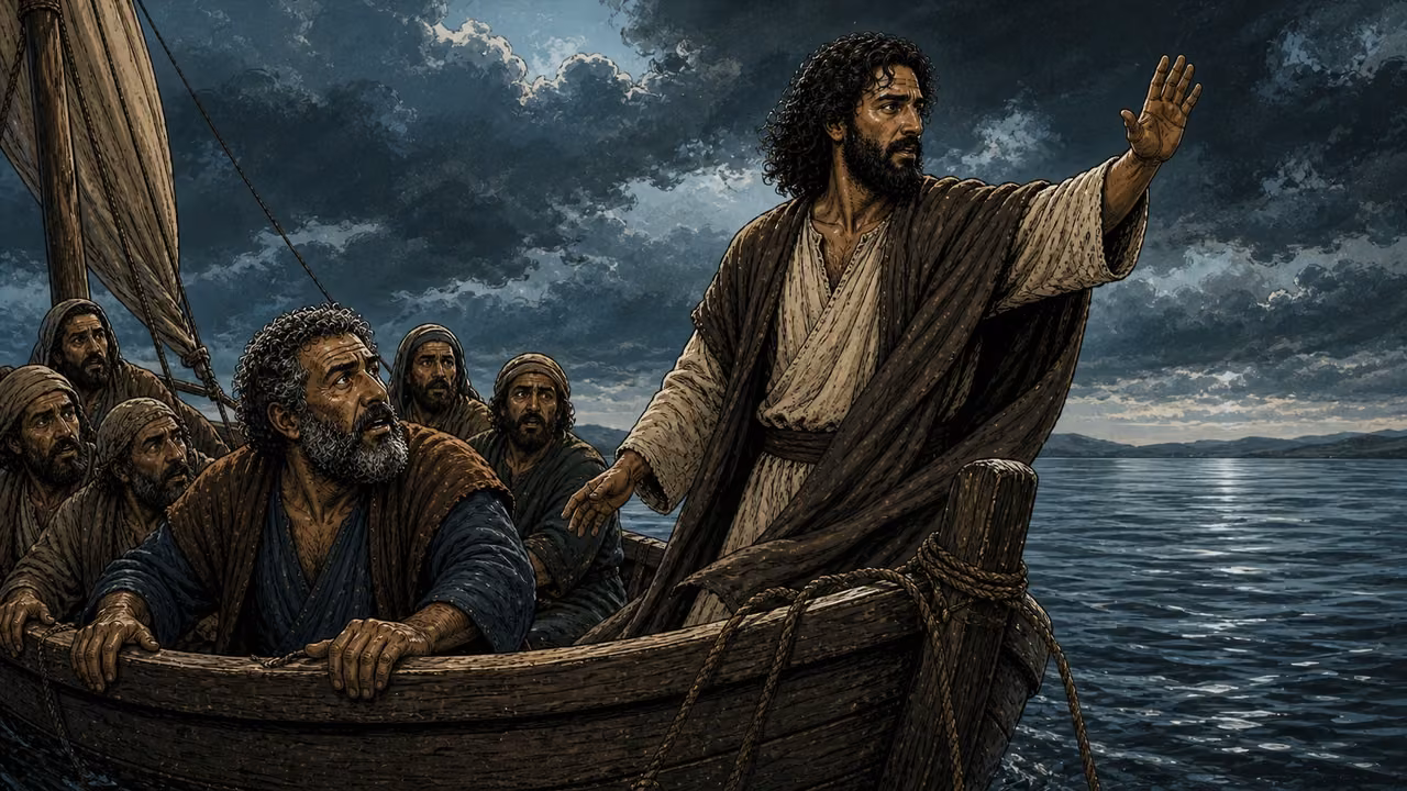 Graphic-novel illustration of the designed Jesus standing in a fishing boat as the sea becomes calm and the designed Peter stares in wonder.