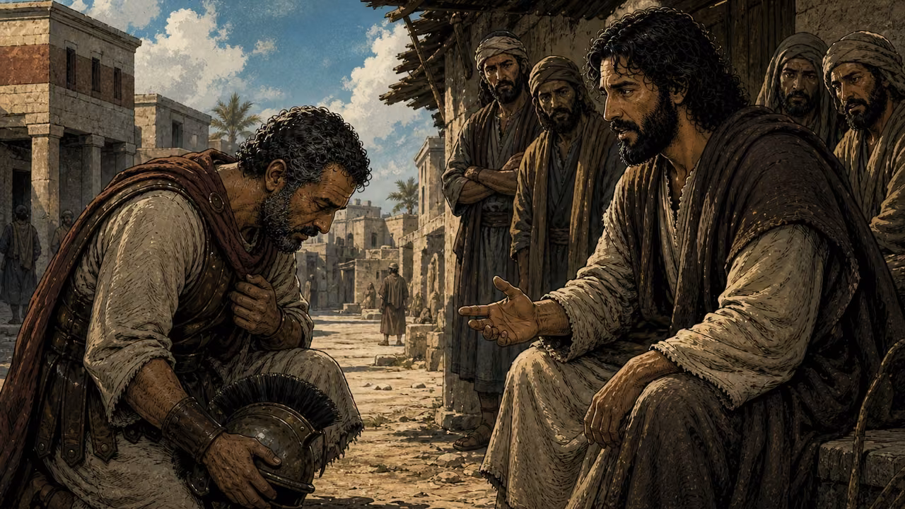 Graphic-novel illustration of an unnamed Roman centurion kneeling humbly before the designed Jesus in Capernaum.