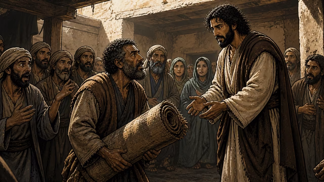 Graphic-novel illustration of a formerly paralyzed man standing with his rolled mat before the designed Jesus and an astonished crowd.