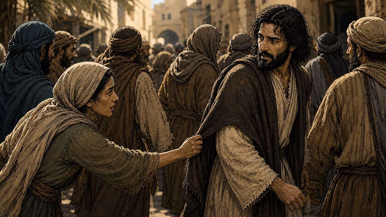 Graphic-novel illustration of a suffering woman touching the fringe of the designed Jesus’ mantle in a crowded street.