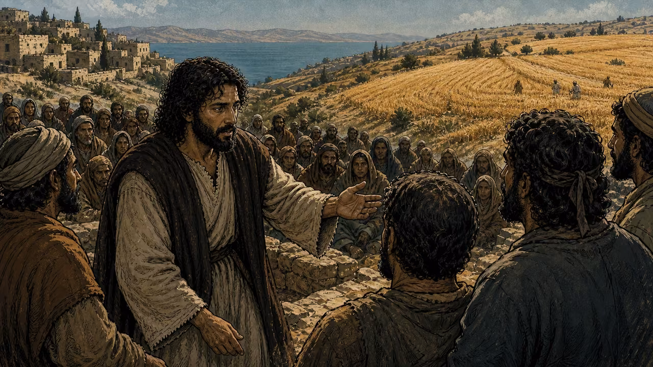 Graphic-novel illustration of the designed Jesus looking compassionately over a weary crowd with ripe fields beyond them.