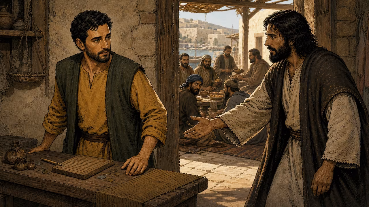 Graphic-novel illustration of the designed Matthew leaving his tax booth as the designed Jesus calls him, with a shared meal visible beyond.