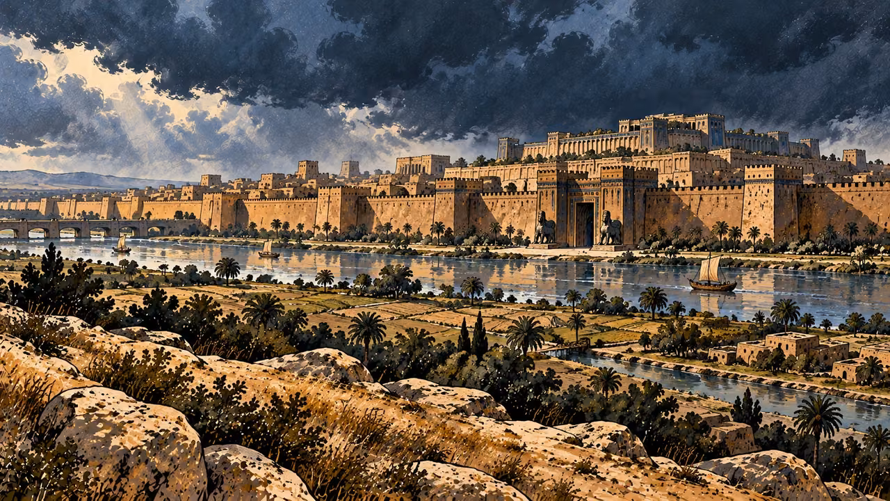 Nineveh’s crenellated walls and monumental gate rise beyond waterways under a storm-dark sky.