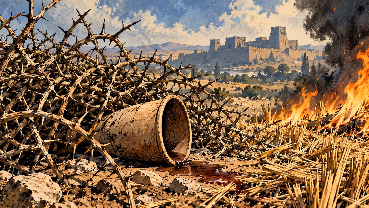 A tipped drinking cup spills among tangled thorns beside burning dry stubble.