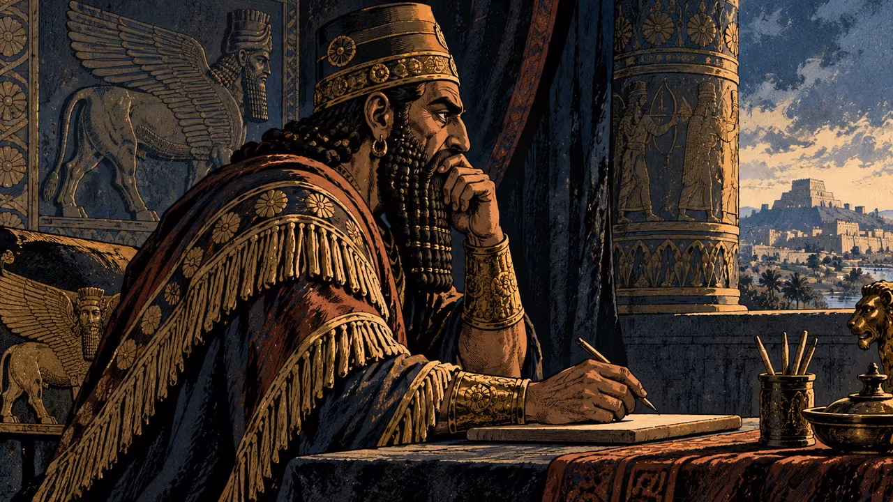 An anonymous Assyrian counselor sits in profile beside a blank tablet in a shadowed palace alcove.