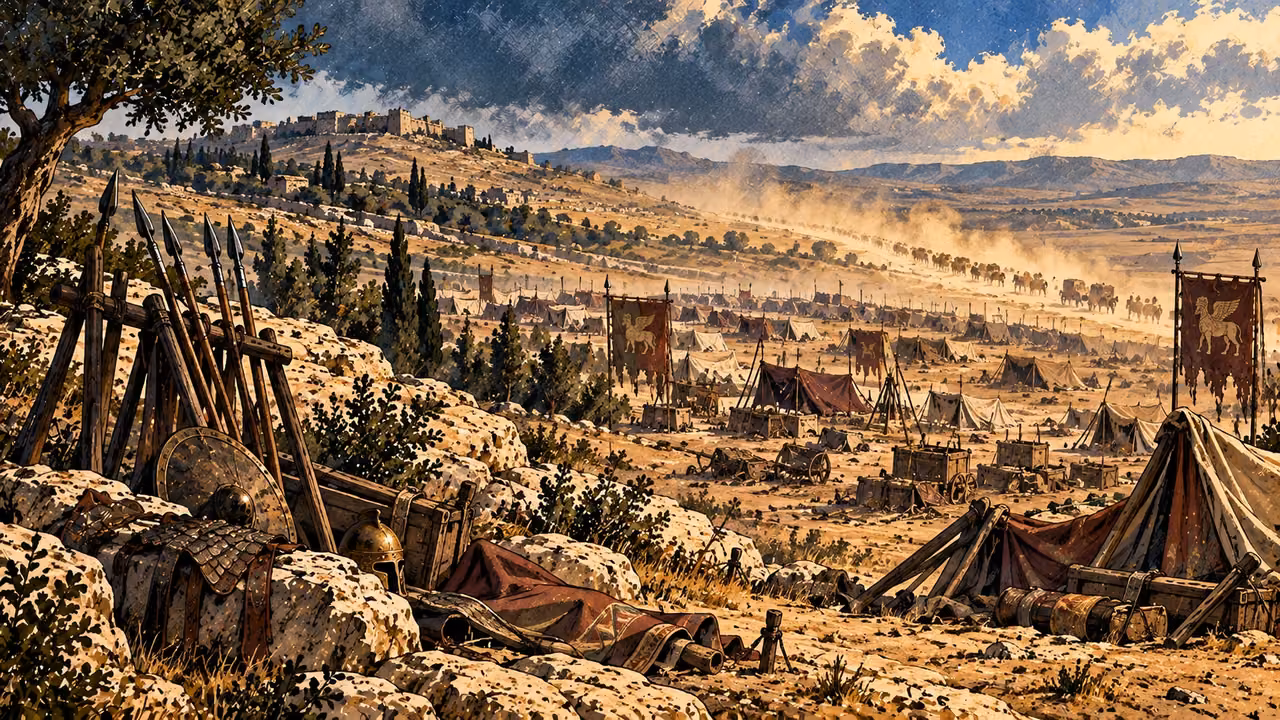 Abandoned military equipment fills a camp as distant figures recede along a dusty road.